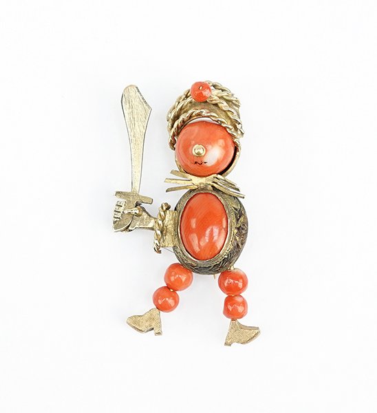 A Coral and 14 Karat Yellow Gold Brooch. (1 of 1)