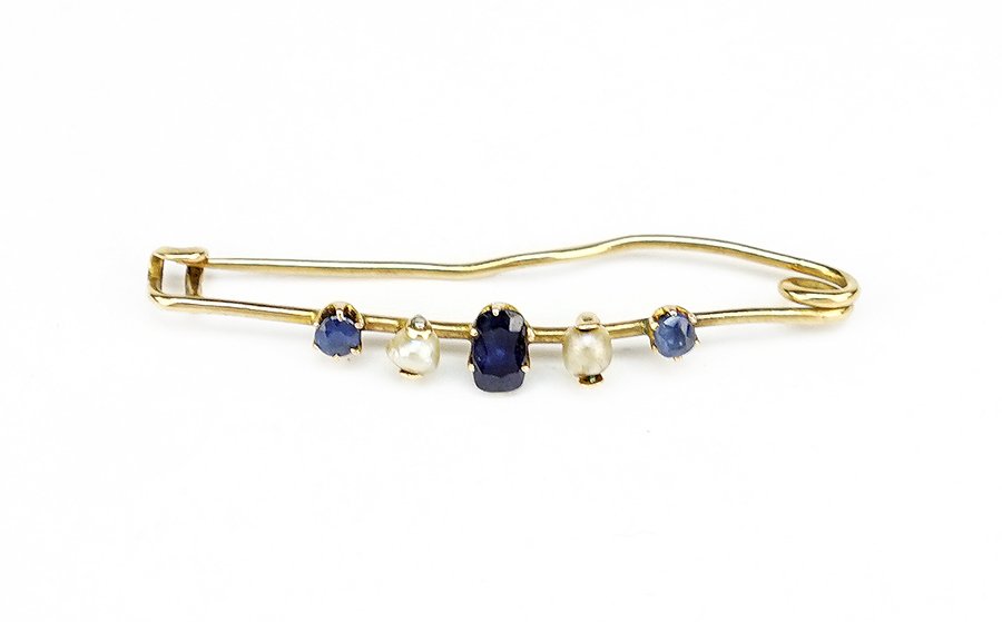 A Sapphire, Pearl and 18 Karat Yellow Gold Bar Brooch. (1 of 1)