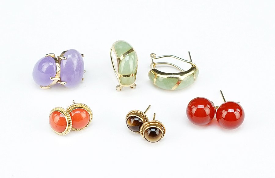 Four Pairs of 14 Karat Yellow Gold Earrings.: Four Pairs of 14 Karat Yellow Gold Earrings. Containing green jade, coral, lavender jade, and carnelian. Together with a pair of tiger's eye and 9 karat yellow gold earrings Wt of all: 13.8 grams