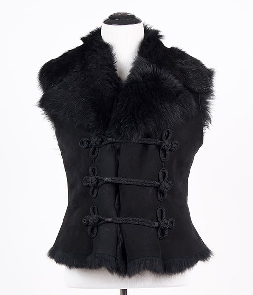 A Ralph Lauren Suede Vest.: A Ralph Lauren Suede Vest. With toggle closure and lined in black fur Approximate Small