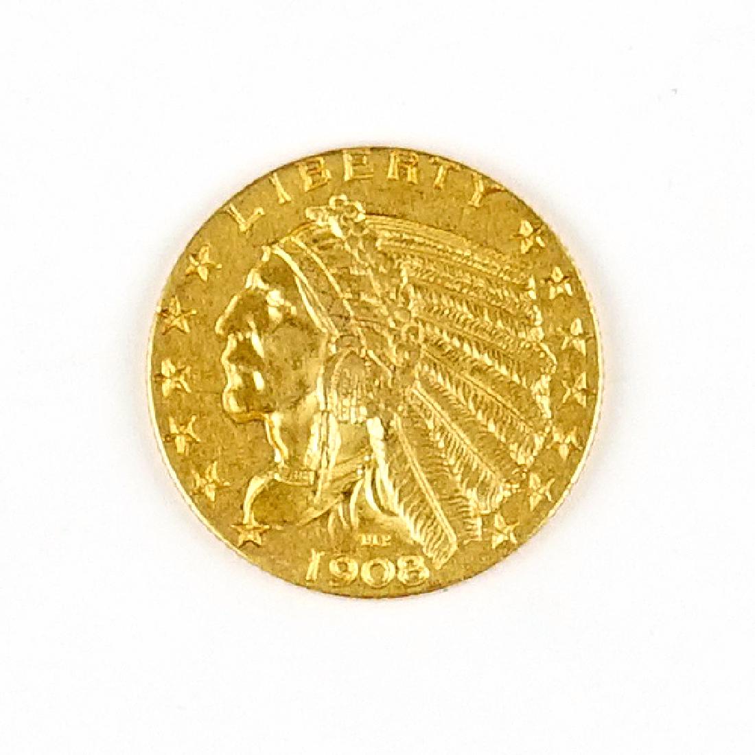A 1908 $5 Indian Half Eagle Gold Coin. (1 of 2)