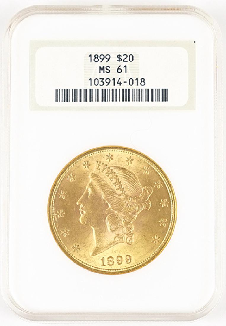 An 1899 $20 Liberty Head Double Eagle Gold Coin. (1 of 2)