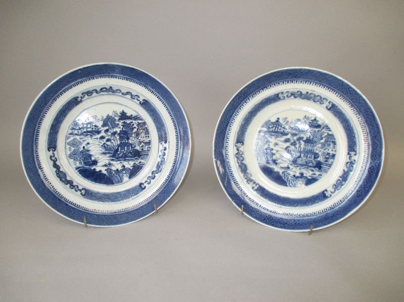 Pair antique Chinese blue & white export porcelain deep: Pair antique Chinese blue & white export porcelain deep saucer dishes painted with island pagodas & fishermen 25.5 dia