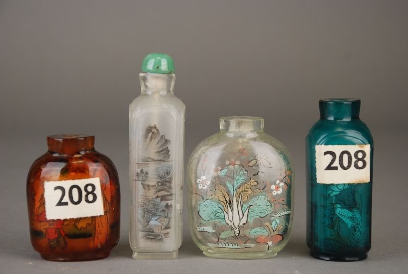 Four Chinese inside-painted glass snuff bottles, the: Four Chinese inside-painted glass snuff bottles, the first painted with figures; the second with landscape, stopper; the third with flower sprays; the fourth with birds; 8.1cm high max. (4)
