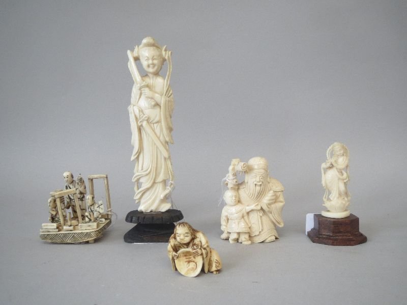 Chinese antique carved ivory figure of a female deity: Chinese antique carved ivory figure of a female deity bearing two swords, another of scholar & pupil, a netsuke & two other ivory groups (5)