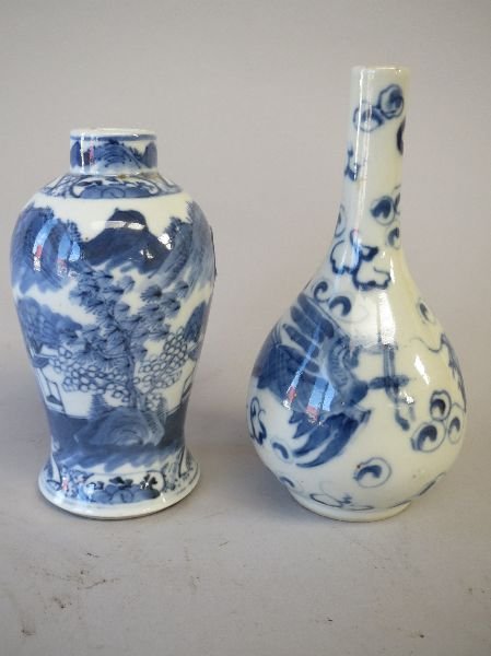 C19th Chinese blue & white long-necked vase decorated: C19th Chinese blue & white long-necked vase decorated with phoenix & dragon, (two character blue marks to base) 15.5H & C19th Chinese blue & white porcelain small baluster vase decorated with fisherma