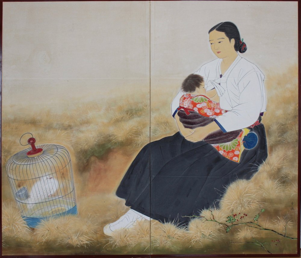 An Unusual 2-Panel Japanese Screen Watercolor on Paper (1 of 10)