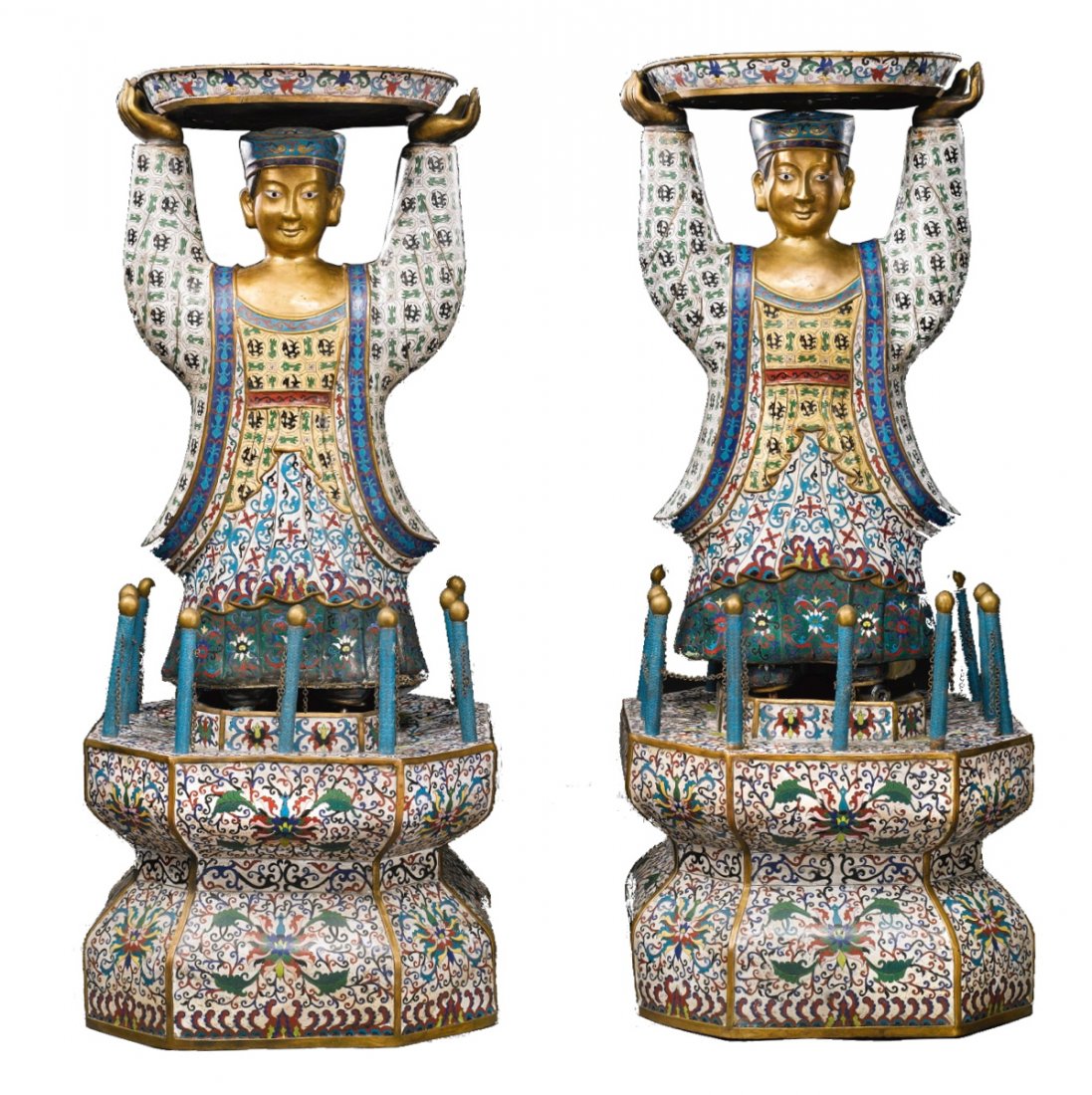 EX-SOTHEBYS: A RARE & MASSIVE PAIR CLOISONNE ATTENDANTS (1 of 1)