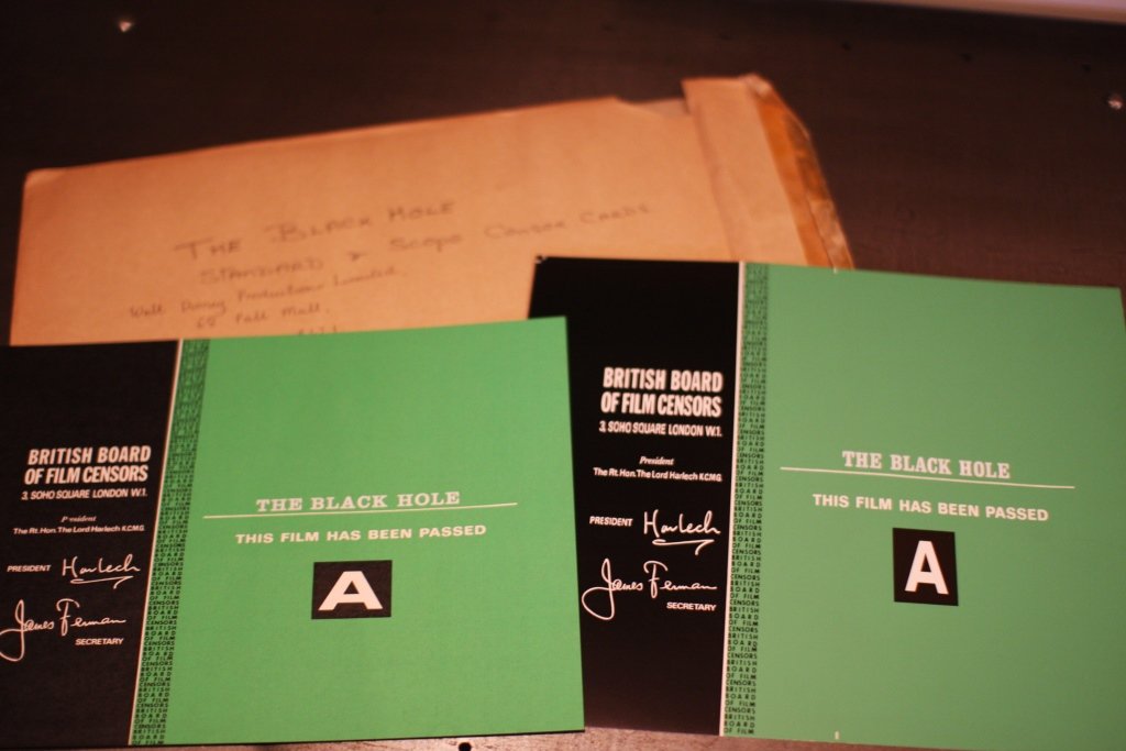 The Black Hole: The Black Hole. Consisting of 2 British Board Of Film Censors Colour Standard & Scope’ Certificates ‘ Printed White Green and Black In Original Envelope Dimensions 33 x 24cm Passing the Film as an