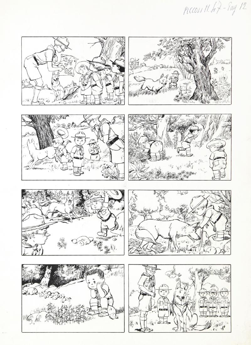Battaglia Dino - "Ra-ta-plan", 1960: Battaglia Dino - "Ra-ta-plan", 1960 ITA matita e china su cartoncino, 30 x 41 cm Tavola originale eseguita da Battaglia per le avventure del cane Ra-ta-plan e del suo piccolo padrone Frullino, edita a