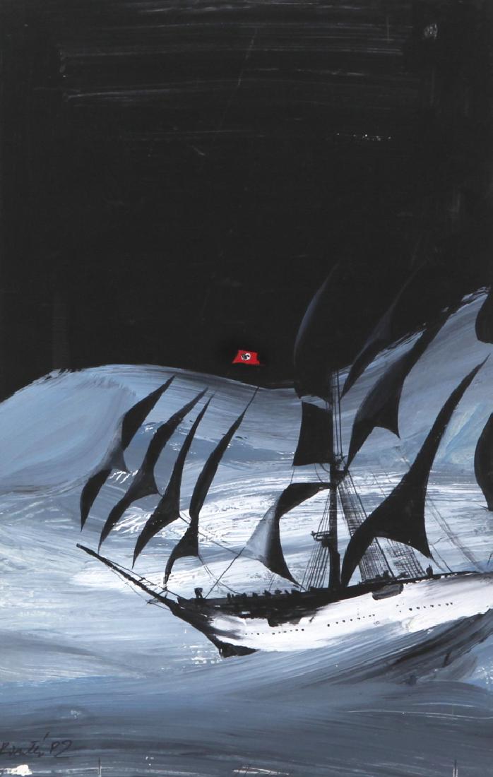 Pintér Ferenc - "Avviso di tempesta", 1982: Pintér Ferenc - "Avviso di tempesta", 1982 ITA tempera su cartone, 16,5 x 26 cm Originale di copertina realizzato dal Pintér per "Avviso di tempesta" di Jack Higgins, edito dalla Oscar Mond