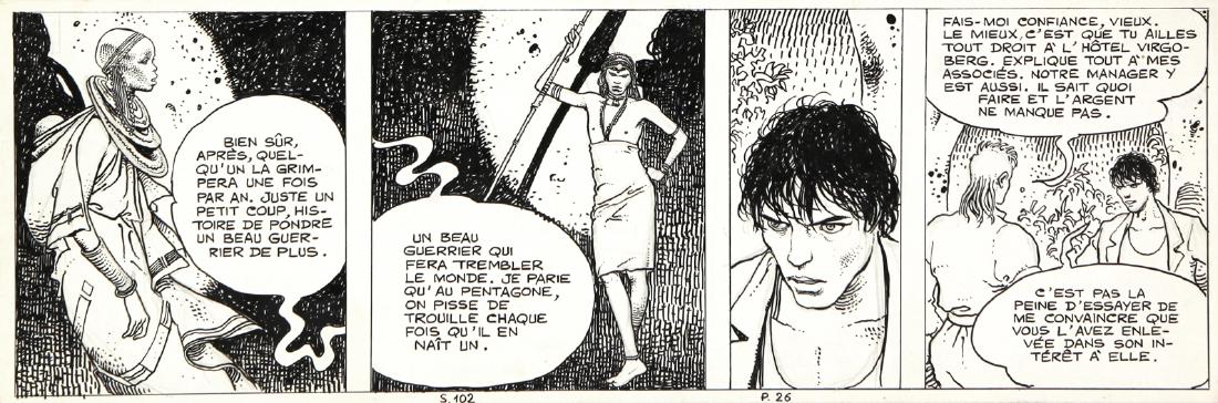 Manara Milo - "Le avventure africane di Giuseppe: Manara Milo - "Le avventure africane di Giuseppe Bergman ", 1982 ITA matita e china su cartoncino, 48 x 16 cm Tavola originale realizzata da Manara per "Le avventure africane di Giuseppe Bergman" edit