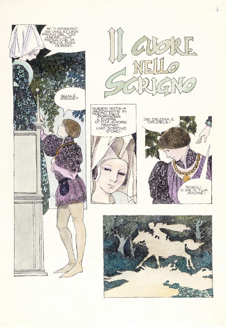 Battaglia Dino - "Il cuore nello scrigno", 1979: Battaglia Dino - "Il cuore nello scrigno", 1979 ITA matita, china e acquerello su cartoncino, 25,5 x 35,5 cm ciascuno Storia completa composta da 2 tavole originali realizzate da Battaglia per "Il cuo