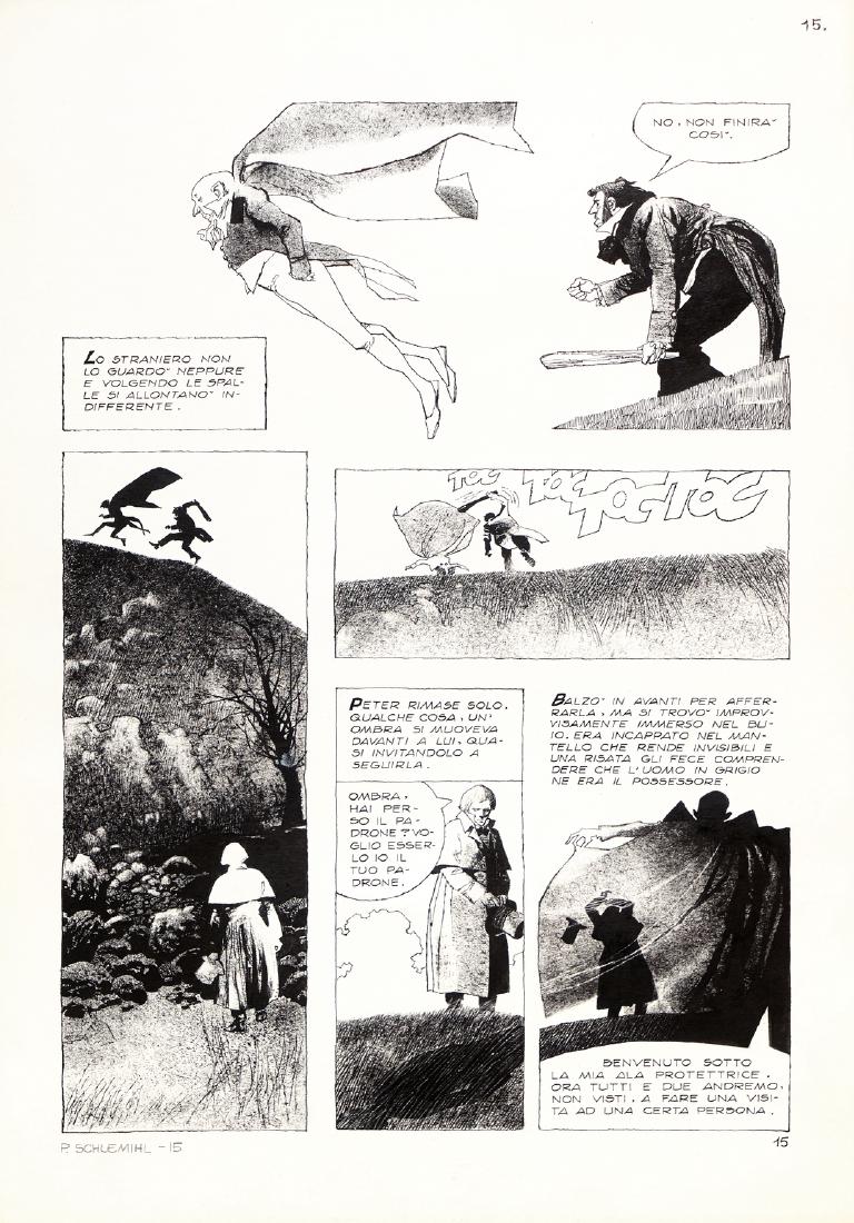 Battaglia Dino - "La storia meravigliosa di Peter: Battaglia Dino - "La storia meravigliosa di Peter Schlemil", 1983 ITA matita e china su cartoncino, 25,5 x 36,5 cm Tavola originale realizzata da Battaglia per "La storia meravigliosa di Peter Schlemi
