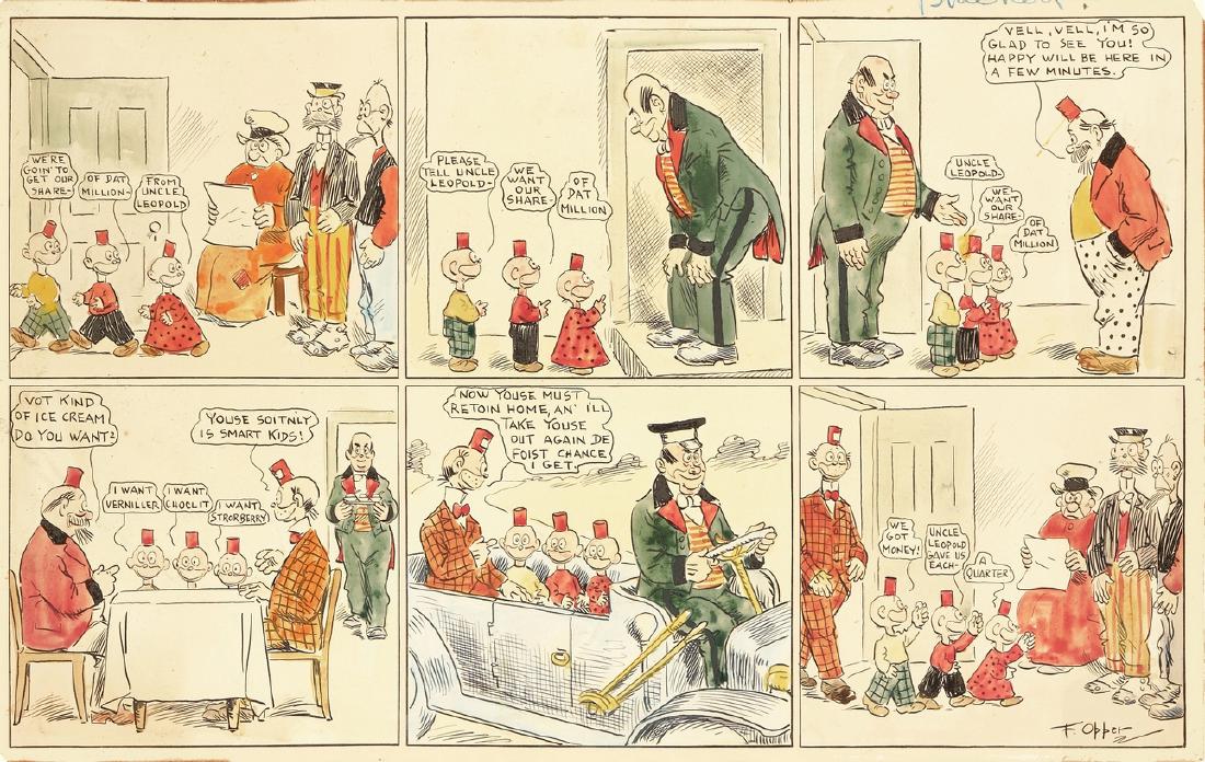 Opper Frederick - "Happy Hooligan - Of Uncle Leopold's: Opper Frederick - "Happy Hooligan - Of Uncle Leopold's Wealth!", 1910 ITA matita, china e acquerello su cartoncino, 54,5 x 34,5 cm Tavola domenicale del 06/11/1910 per "Happy Hooligan". Perla rara ne