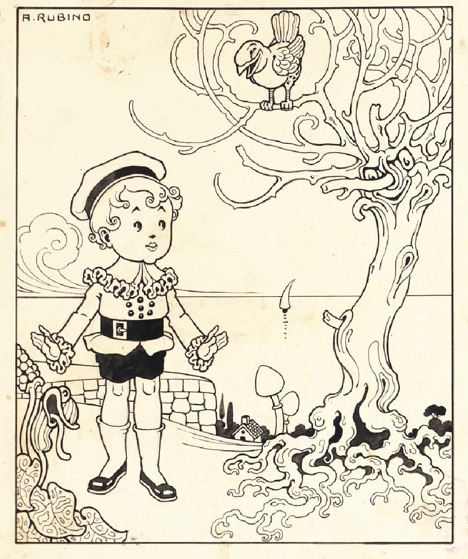 Rubino Antonio - "Rime piccoline", 1914: Rubino Antonio - "Rime piccoline", 1914 ITA matita e china su cartoncino, 16,5 x 20 cm Illustrazione originale realizzata da Rubino per "Rime piccoline" di Hedda (Lucia Maggia), pubblicata nella cele