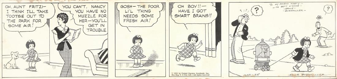Bushmiller Ernie - "Fritzi Ritz (Nancy)", 1930: Bushmiller Ernie - "Fritzi Ritz (Nancy)", 1930 ITA matita e china su cartoncino montato su cartone, 57 x 13,5 cm Tavola giornaliera del 25/03/1930 per "Fritzi Ritz". La striscia debuttò sui quot