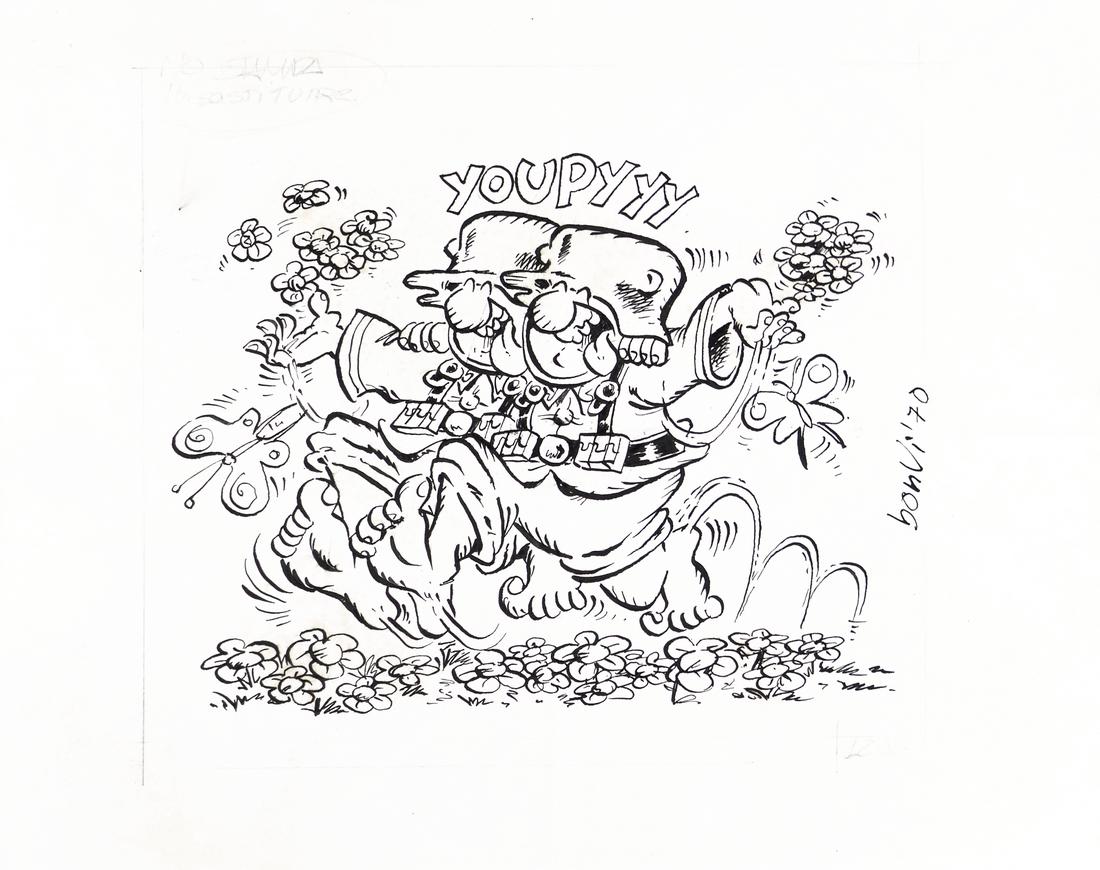 Bonvi (Franco Bonvicini) - "Sturmtruppen: Libera: Bonvi (Franco Bonvicini) - "Sturmtruppen: Libera usciten", 1970 ITA matita e china su cartoncino, 22,5 x 18 cm Illustrazione originale realizzata da Bonvi per la sue mitiche Sturmtruppen. Lievi pieghe