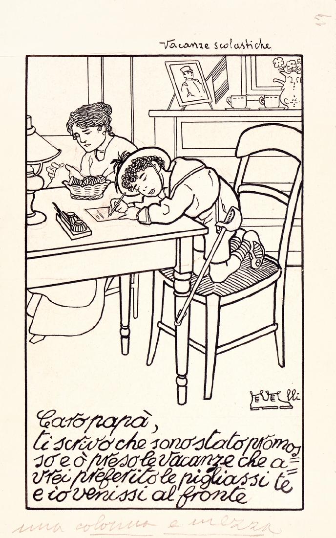 Scarpelli Filiberto - "Vacanze scolastiche", anni: Scarpelli Filiberto - "Vacanze scolastiche", anni ’10 ITA china su cartoncino, 13 x 21 cm Illustrazione originale realizzata da Scarpelli durante il periodo bellico. Piega orizzontale al