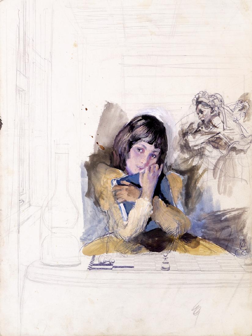De Gaspari Giorgio - "Alice nel paese delle: De Gaspari Giorgio - "Alice nel paese delle meraviglie", anni ’70 ITA tecnica mista su cartoncino, 36 x 48 cm Illustrazione originale realizzata da De Gasperi per un progetto incompiuto 
