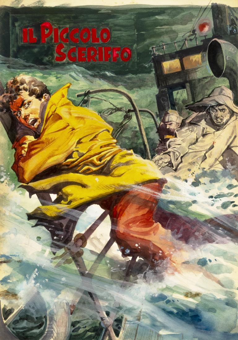 Tacconi Ferdinando - "Il piccolo sceriffo - Il: Tacconi Ferdinando - "Il piccolo sceriffo - Il tornado", 1952 ITA acquerello e tempera su cartone, 25,5 x 36,5 cm Originale di copertina realizzato da Tacconi per "Il â€˜tornado", 