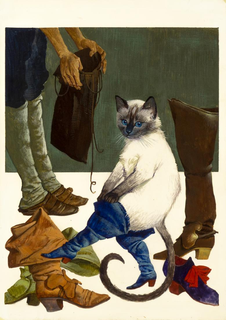 Colombi Cesare - "Il gatto con gli stivali",: Colombi Cesare - "Il gatto con gli stivali", 1967 ITA acquerello e tempera su cartone, 27,5 x 38 cm Illustrazione originale realizzata da Colombi per una raccolta di fiabe della Casa Editrice 