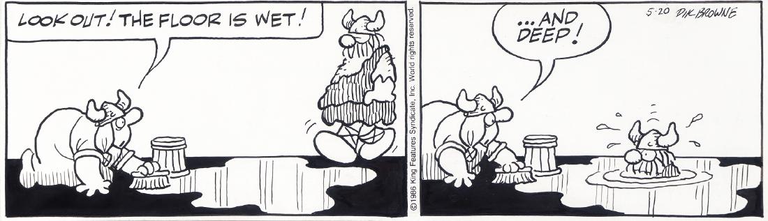 Browne Dik - "Hagar the Horrible", 1986: Browne Dik - "Hagar the Horrible", 31552 ITA matita e china su cartoncino, 33,5 x 10 cm Striscia giornaliera del 20/05/1986 per "Hagar the Horrible". Firmata e datata. _______________