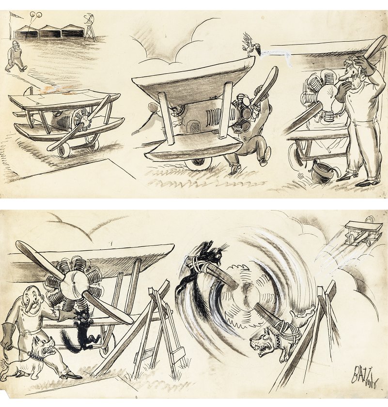 Bazzi Mario - "Un crudele ingegno", 1926: Bazzi Mario - "Un crudele ingegno", 1926 ITA matita, china e acquerello su cartoncino, 48 x 23,5 cm ciascuno Storia autoconclusiva composta da 2 illustrazioni realizzata da Bazzi e pubblicata su Il gi