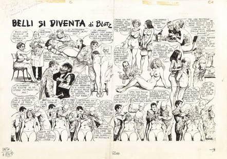 Buzzelli Guido - "Belli si diventa", 1972: Buzzelli Guido - "Belli si diventa", 1972 ITA matita e china su cartoncino, 57 x 40 cm Tavola originale realizzata da Buzzelli per il paginone centrale di Menelik n. 56 del 1972.