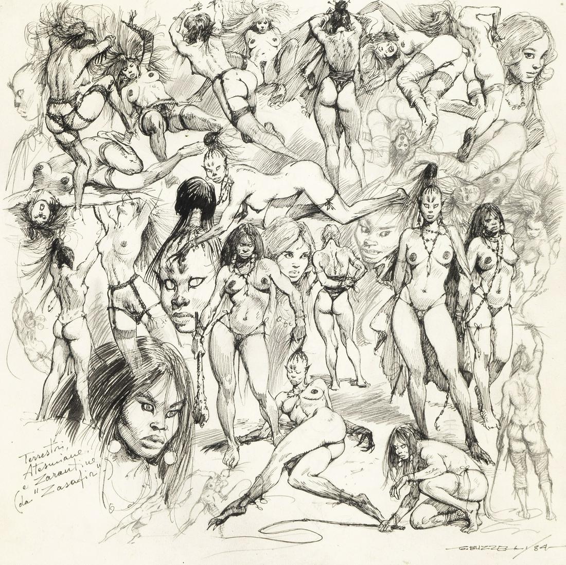Buzzelli Guido - "Le donne di Zasafir", 1984: Buzzelli Guido - "Le donne di Zasafir", 1984 ITA matita e china su cartoncino, 31,5 x 31,5 cm Studio preparatorio realizzato da Buzzelli per i personaggi di "Zasafir", avventura fantas