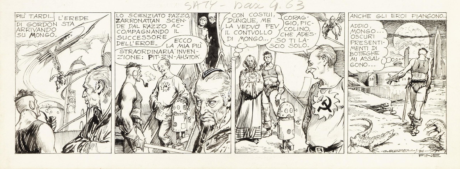 Buzzelli Guido - "Gordon Rouge", 1986: Buzzelli Guido - "Gordon Rouge", 1986 ITA matita e china su cartoncino, 44,5 x 16,5 cm Tavola originale realizzata da Buzzelli per l’inserto domenicale di Repubblica "Satyricon".
