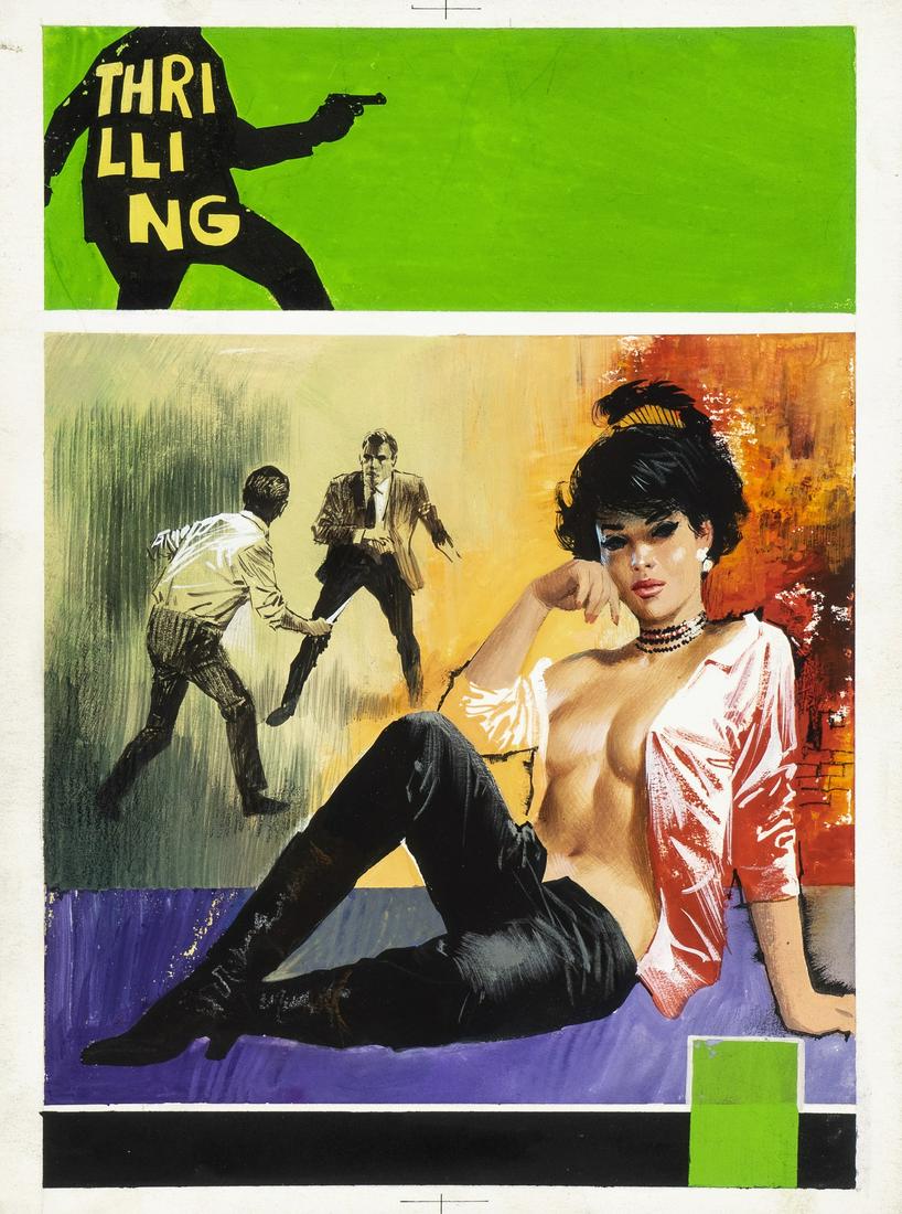Jacono Carlo - "Thrilling", anni ’70: Jacono Carlo - "Thrilling", anni ’70 ITA tempera su cartone, 22,5 x 30,5 cm Originale di copertina realizzato da Jacono per la collana di romanzi gialli "Thrilling" edita da Mond
