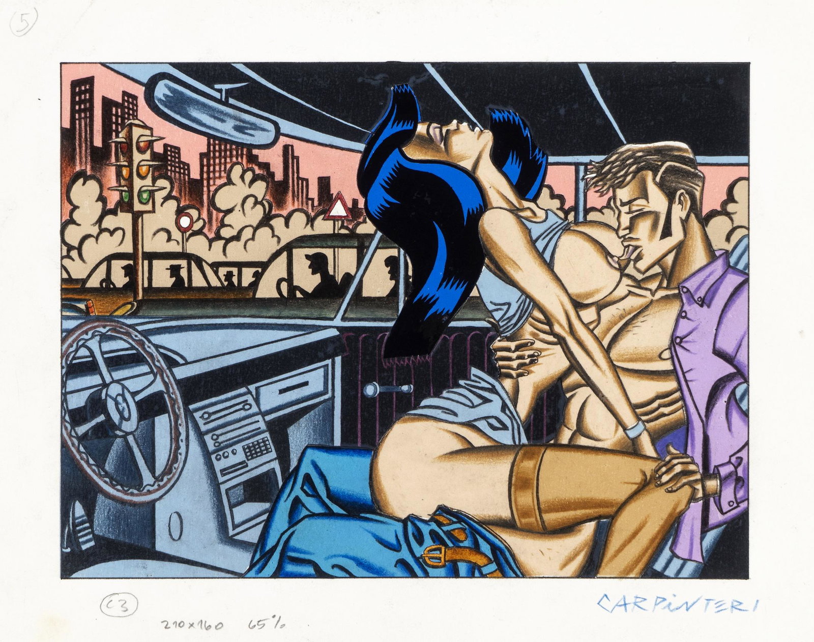 Carpinteri Giorgio - "La gioie del traffico",: Carpinteri Giorgio - "La gioie del traffico", 1992 ITA matite colorate su Letrafilm, 24 x 19 cm Illustrazione originale realizzata da Carpinteri per l’edizione tedesca di Playboy nel 199
