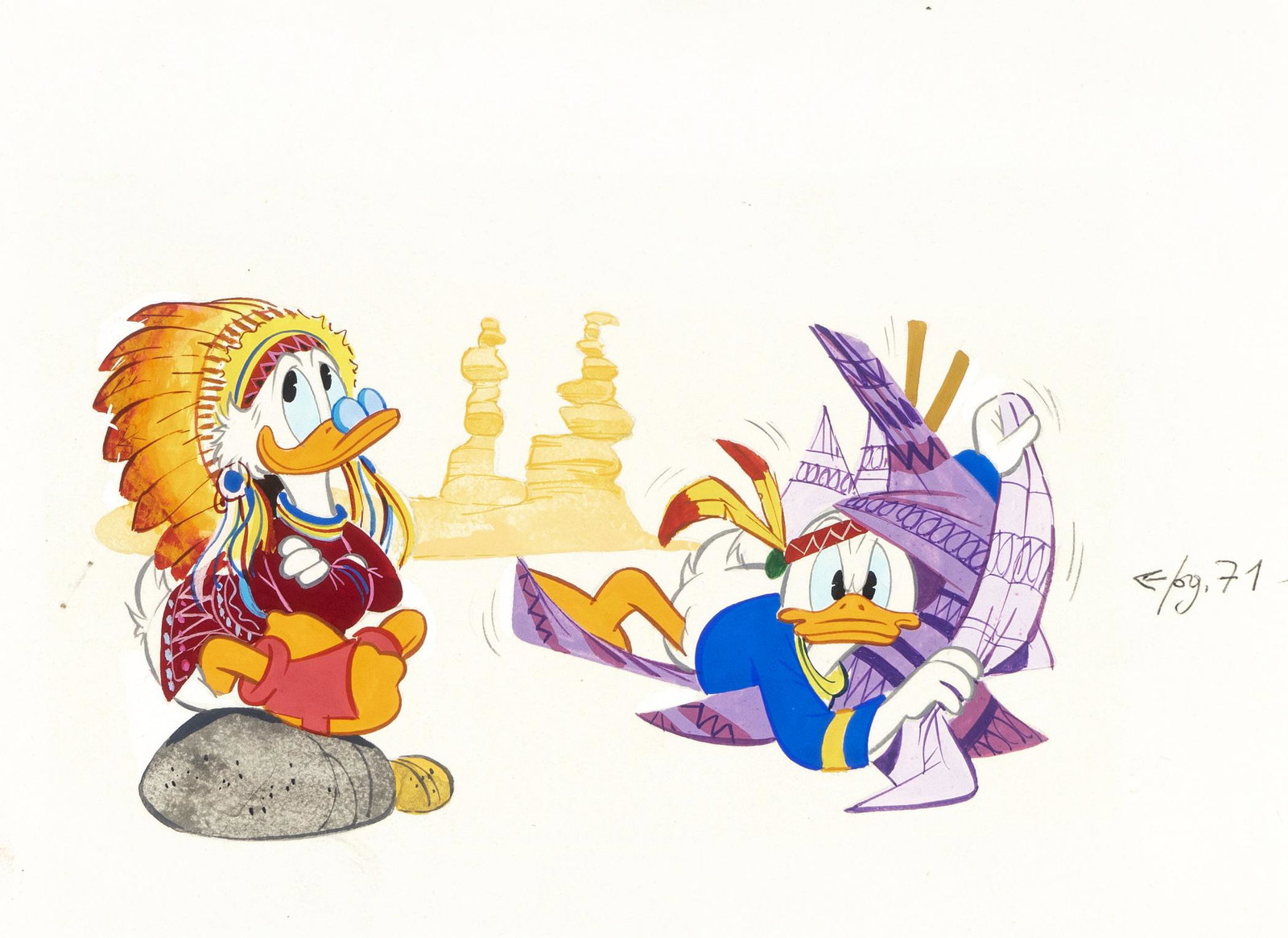 Carpi Giovan Battista - "Zio Paperone e Paperino: Carpi Giovan Battista - "Zio Paperone e Paperino indiani d’America", anni ’70 ITA matita, china e tempera su cartoncino, 16,5 x 12 cm Illustrazione originale realizzata da Carpi du