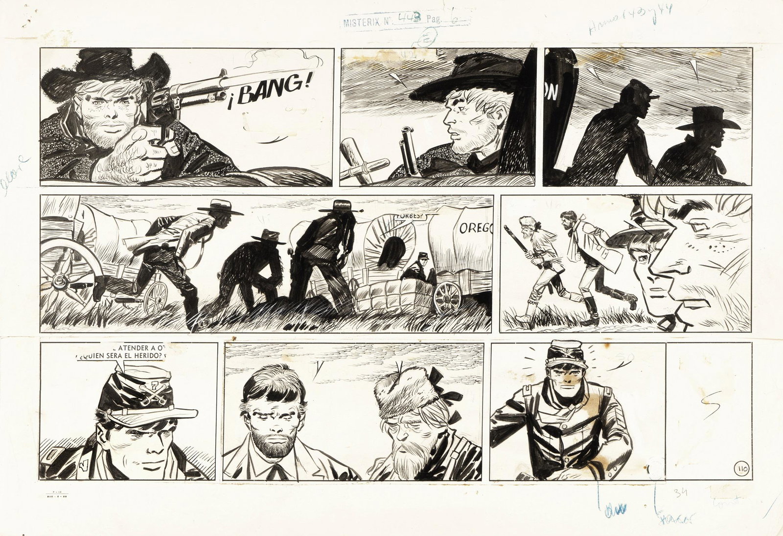 Pratt Hugo - "Il Sergente Kirk - Sentiero di: Pratt Hugo - "Il Sergente Kirk - Sentiero di sangue", 1957 ITA matita e china su cartoncino, 47,5 x 32 cm Tavola originale realizzata da Pratt per "Sentiero di sangue", pag. 110 dell&