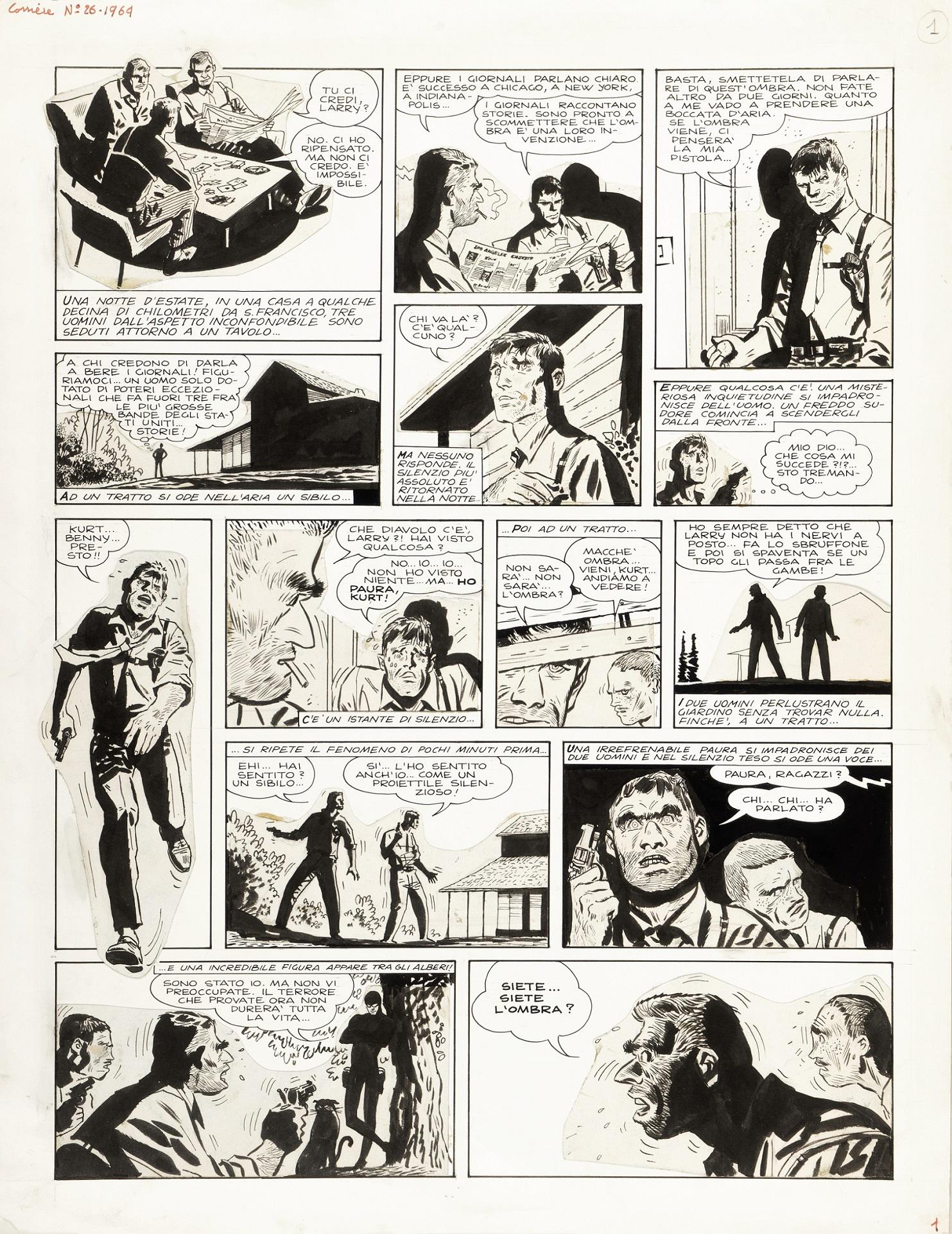 Pratt Hugo - "L’Ombra ", 1964: Pratt Hugo - "L’Ombra ", 1964 ITA matita e china su cartoncino rimontato, 39 x 50 cm Tavola originale realizzata da Pratt per "L’Ombra", edita a pag. 1 del primo episodio