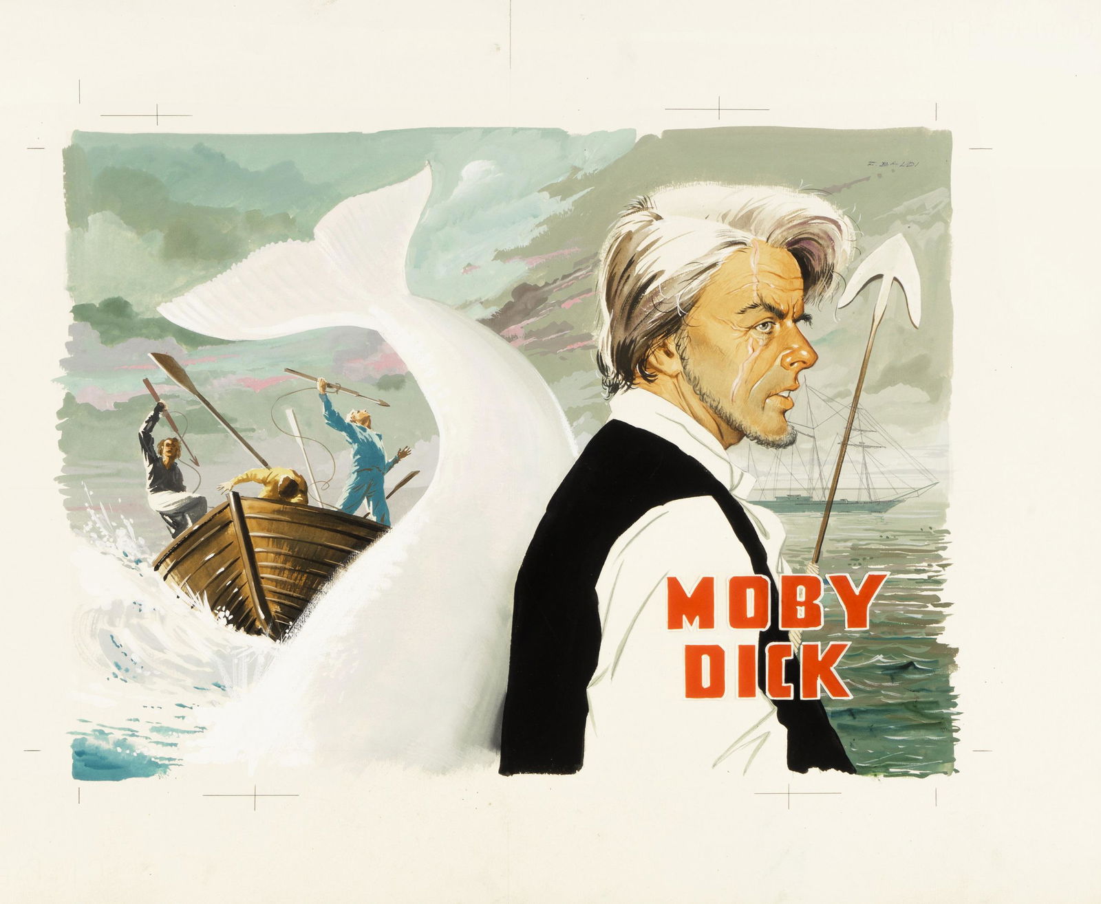 Baldi F. - "Moby Dick", 1957: Baldi F. - "Moby Dick", 1957 ITA matita, china, acquerello e tempera su cartone, 54 x 45 cm Originale di copertina (e quarta di copertina) realizzato da Baldi per "Moby Dick", edito d