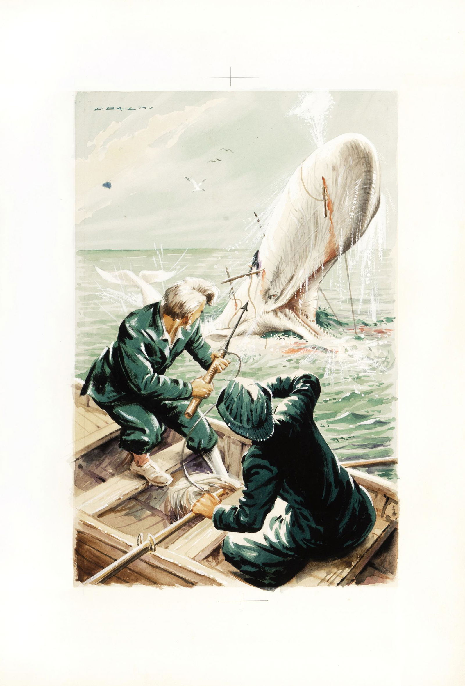 Baldi F. - "Moby Dick", 1957: Baldi F. - "Moby Dick", 1957 ITA matita, china, acquerello e tempera su cartone, 54 x 45 cm Illustrazione originale realizzata da Baldi per "Moby Dick", edita dalla casa editrice Capi