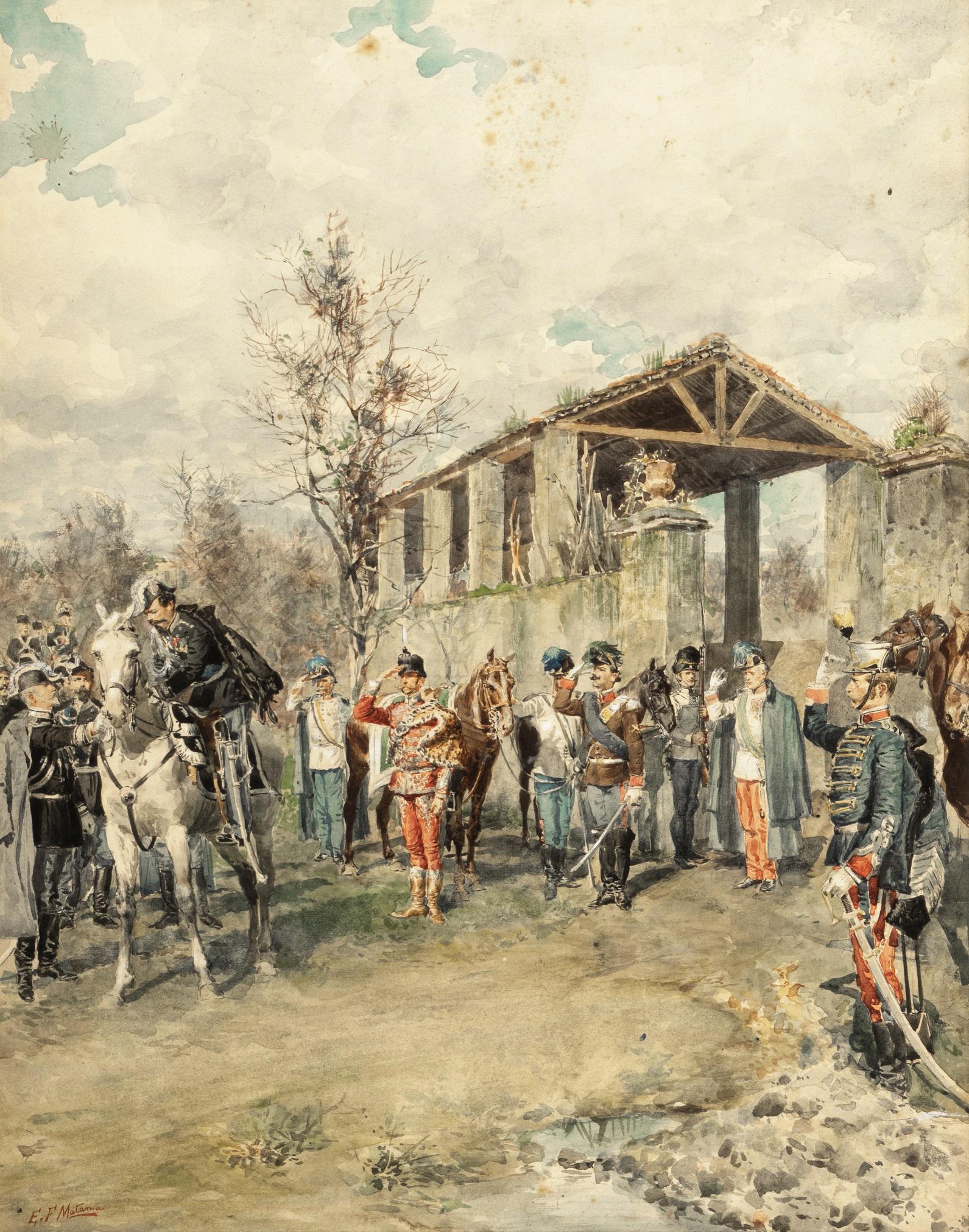 Matania Edoardo e Fortunino - "La Vita ed il Regno: Matania Edoardo e Fortunino - "La Vita ed il Regno di Vittorio Emanuele II di Savoia Primo Re d’Italia", 1901 ITA acquerello su cartone, 29 x 37 cm Illustrazione realizzata a quattro man
