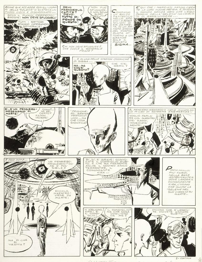 Battaglia Dino - "I cinque della Selena", 1965: Battaglia Dino - "I cinque della Selena", 1965 ITA matita e china su cartoncino, 26,5 x 34,5 cm Tavola originale realizzata da Battaglia per la seconda parte della celebre storia fantascientif