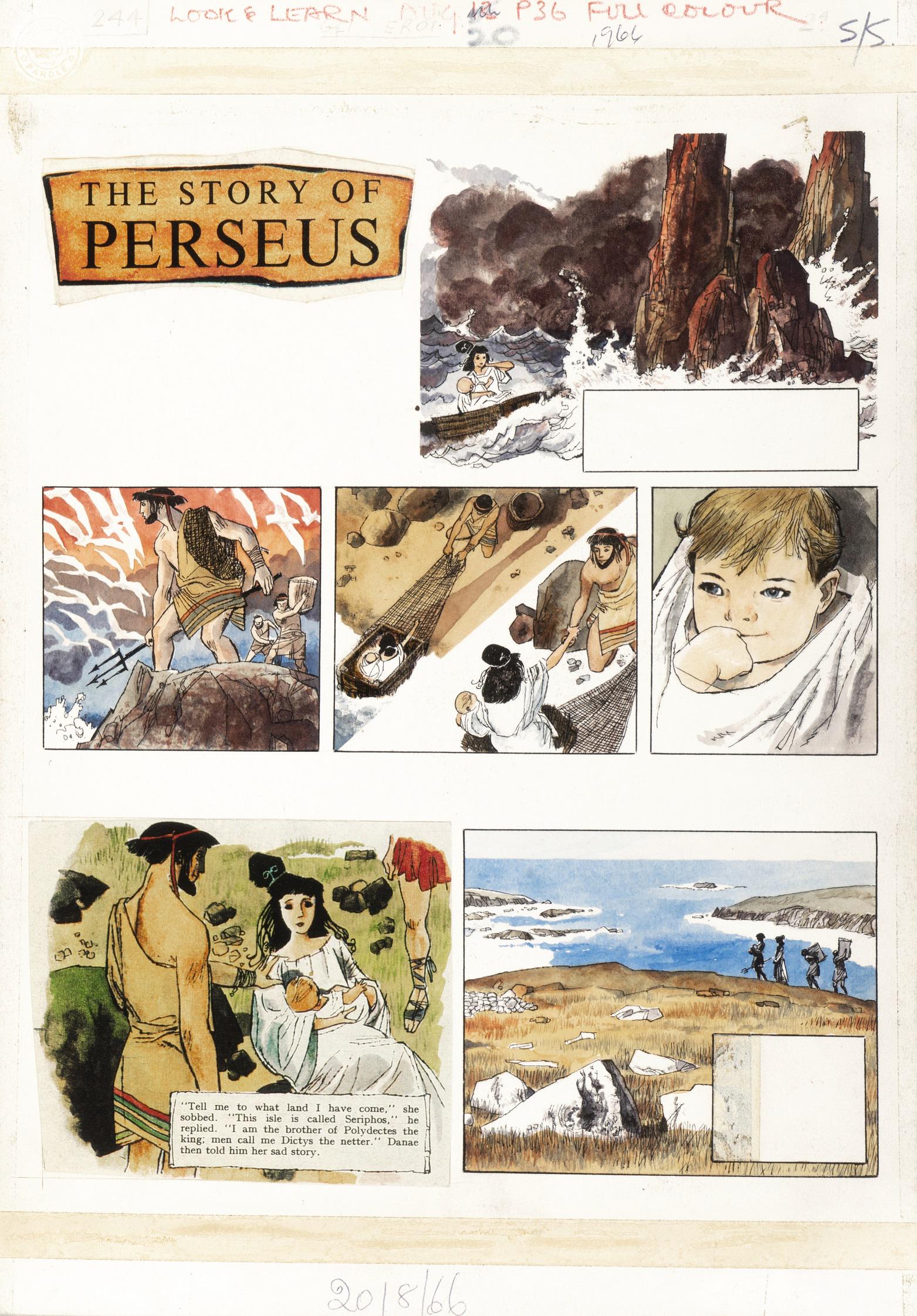 Battaglia Dino - "The Story of Perseus - Rescued: Battaglia Dino - "The Story of Perseus - Rescued from the sea", 1966 ITA matita, china e acquerello su cartone, 25,5 x 36,5 cm Tavola originale realizzata da Battaglia per "The Story of Pe