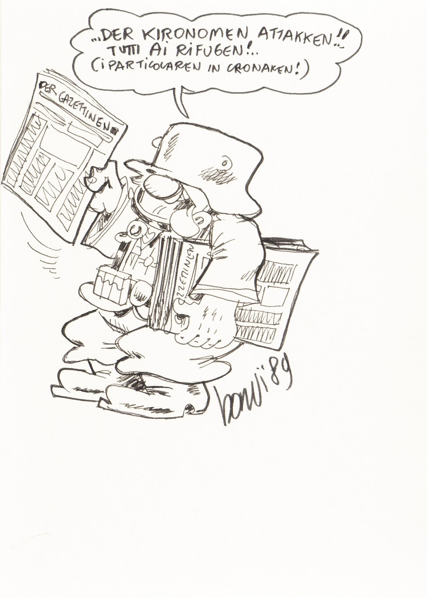 Bonvi (Franco Bonvicini) - "Sturmtruppen - Der: Bonvi (Franco Bonvicini) - "Sturmtruppen - Der Gazzettinen", 1989 ITA china su carta, 13,5 x 19 cm Disegno originale realizzato da Bonvi in occasione del festival Umoristi a Marostica 1989, an