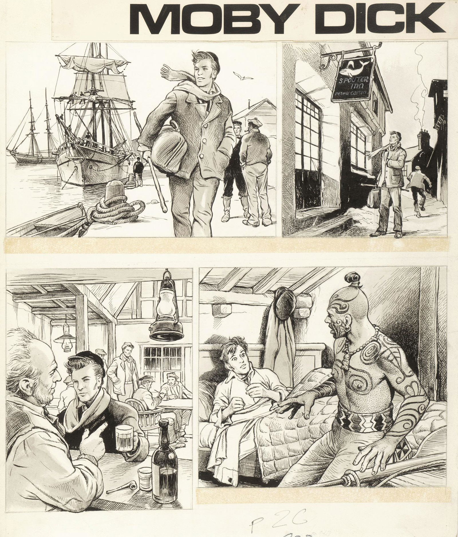 Caprioli Franco - "Moby Dick", 1966: Caprioli Franco - "Moby Dick", 1966 ITA matita, china e acquerello su cartoncino, 37,5 x 44 cm Tavola originale realizzata da Caprioli per "Moby Dick" pag. 1, pubblicata per la prima
