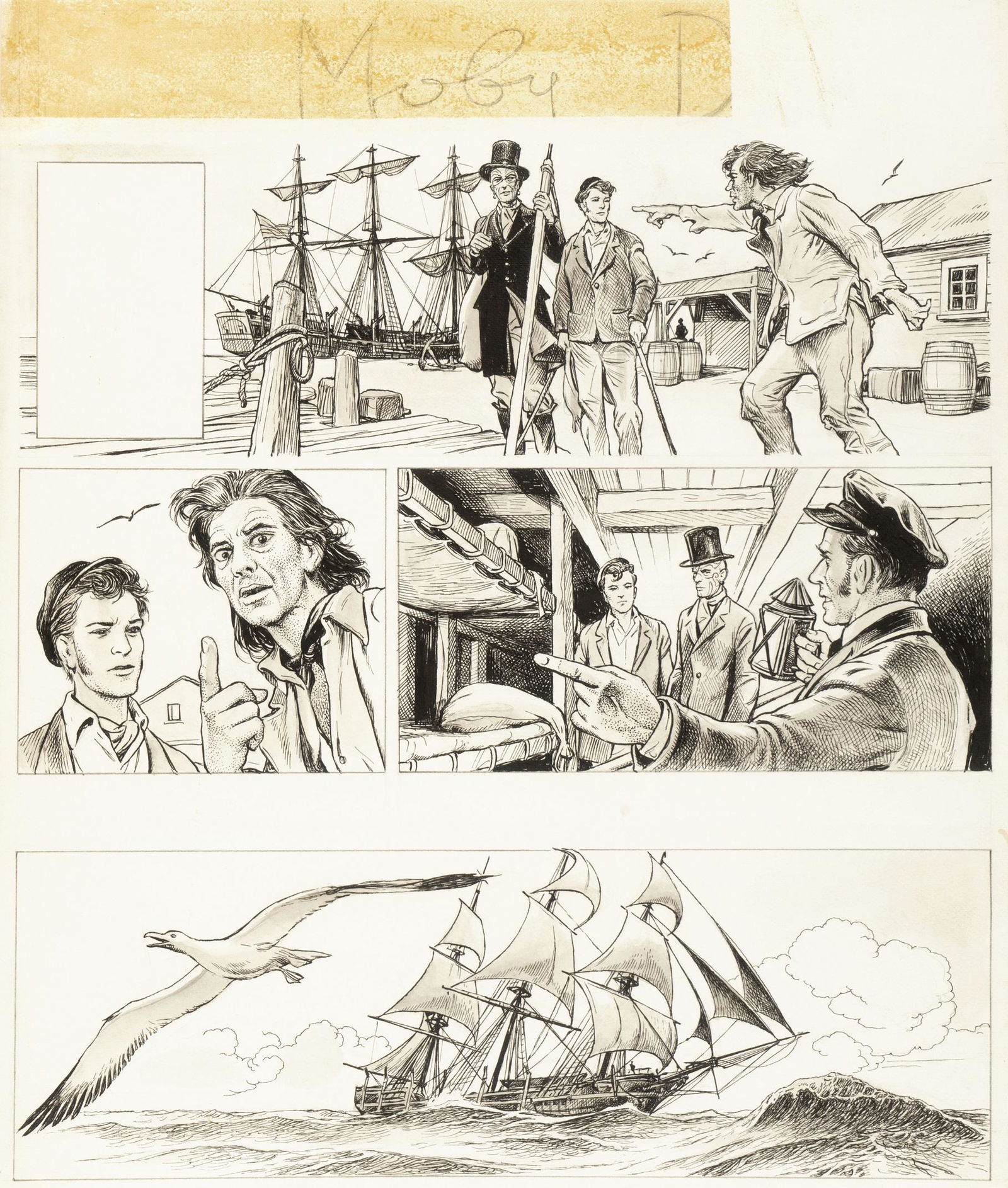 Caprioli Franco - "Moby Dick", 1966: Caprioli Franco - "Moby Dick", 1966 ITA matita, china e acquerello su cartoncino, 37,5 x 44,5 cm Tavola originale realizzata da Caprioli per "Moby Dick" pag. 3, pubblicata per la prim