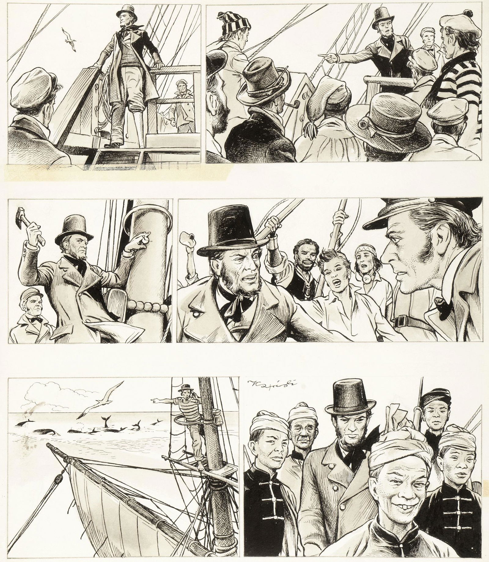 Caprioli Franco - "Moby Dick", 1966: Caprioli Franco - "Moby Dick", 1966 ITA matita, china e acquerello su cartoncino, 37,5 x 43,5 cm Tavola originale realizzata da Caprioli per "Moby Dick" pag. 4, pubblicata per la prim