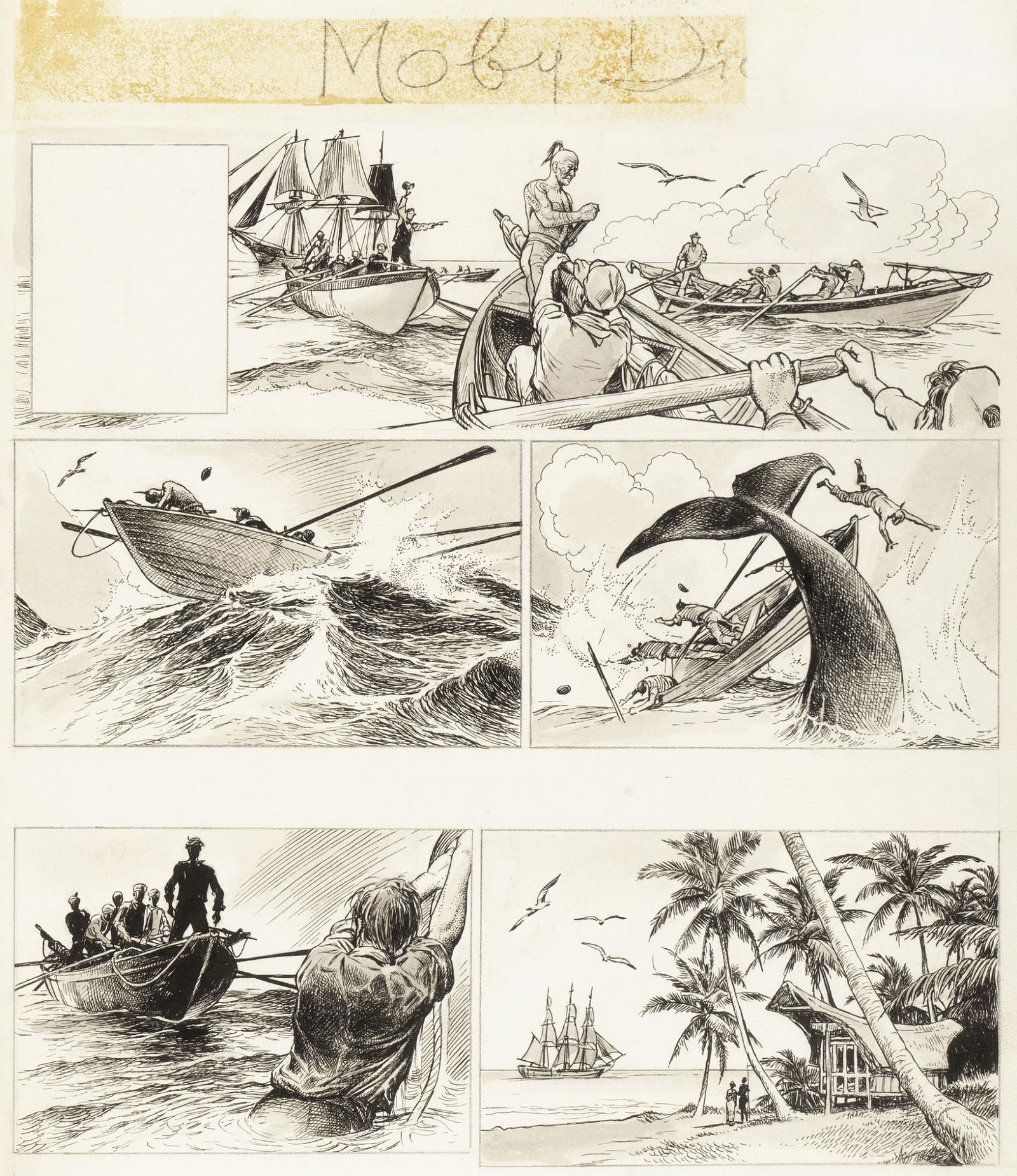 Caprioli Franco - "Moby Dick", 1966: Caprioli Franco - "Moby Dick", 1966 ITA matita, china e acquerello su cartoncino, 37,5 x 43,5 cm Tavola originale realizzata da Caprioli per "Moby Dick" pag. 5, pubblicata per la prim