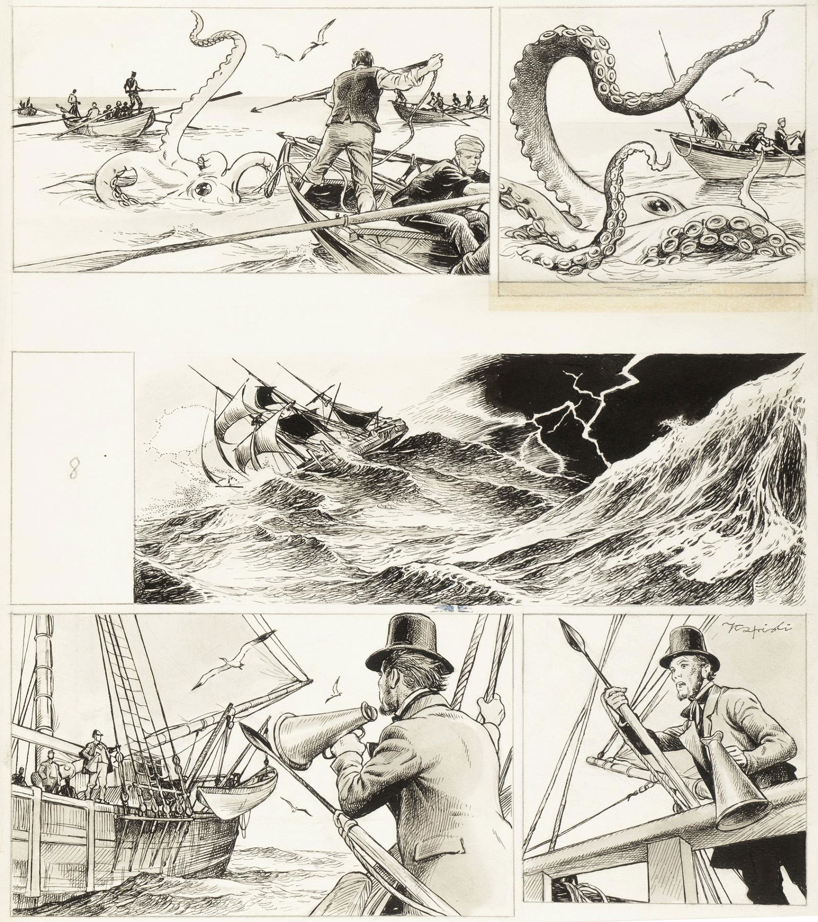 Caprioli Franco - "Moby Dick", 1966: Caprioli Franco - "Moby Dick", 1966 ITA matita, china e acquerello su cartoncino, 37,5 x 41,5 cm Tavola originale realizzata da Caprioli per "Moby Dick" pag. 6, pubblicata per la prim
