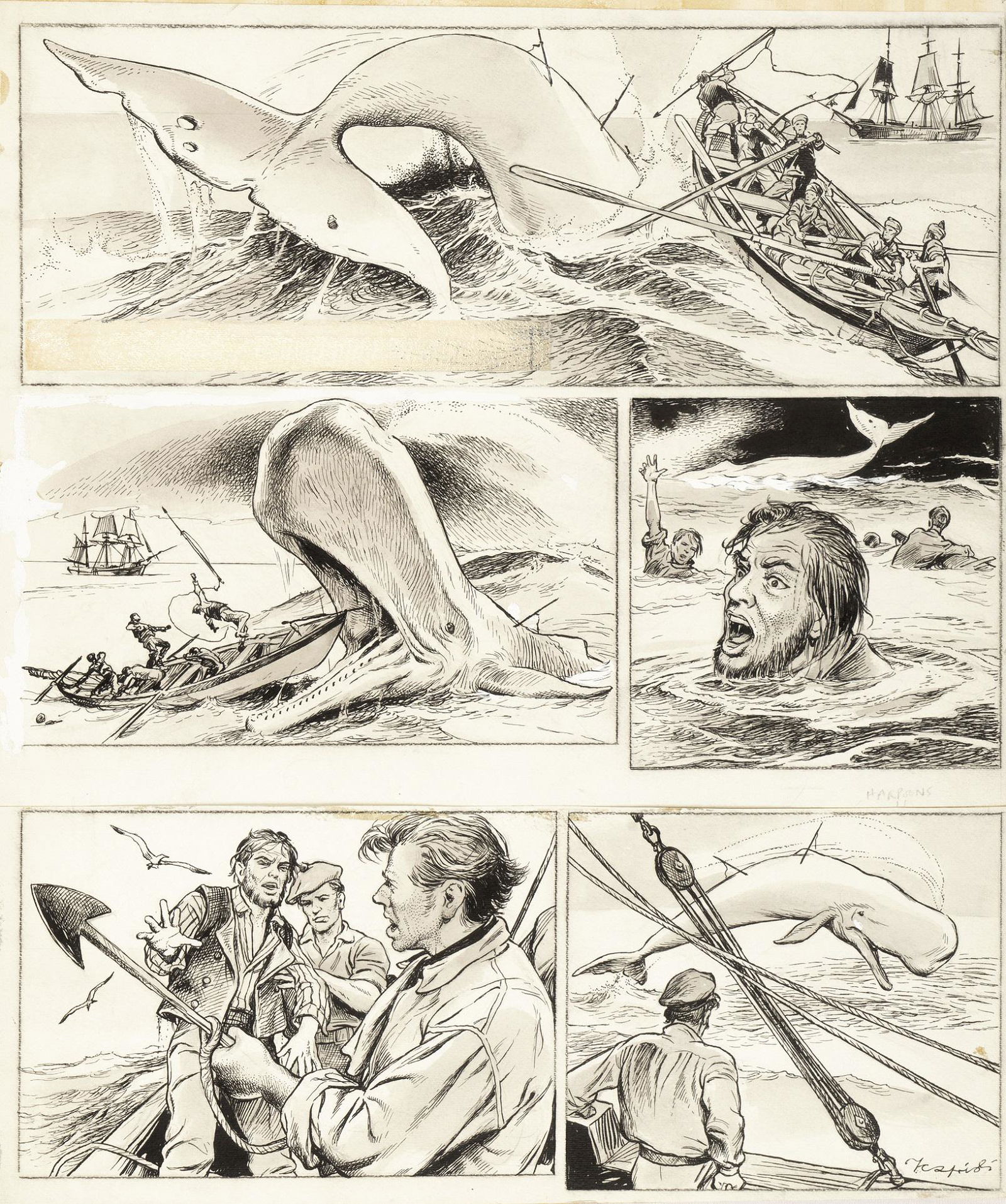 Caprioli Franco - "Moby Dick", 1966: Caprioli Franco - "Moby Dick", 1966 ITA matita, china e acquerello su cartoncino montato su cartone, 37,5 x 43,5 cm Tavola originale realizzata da Caprioli per "Moby Dick" pag. 8, pub