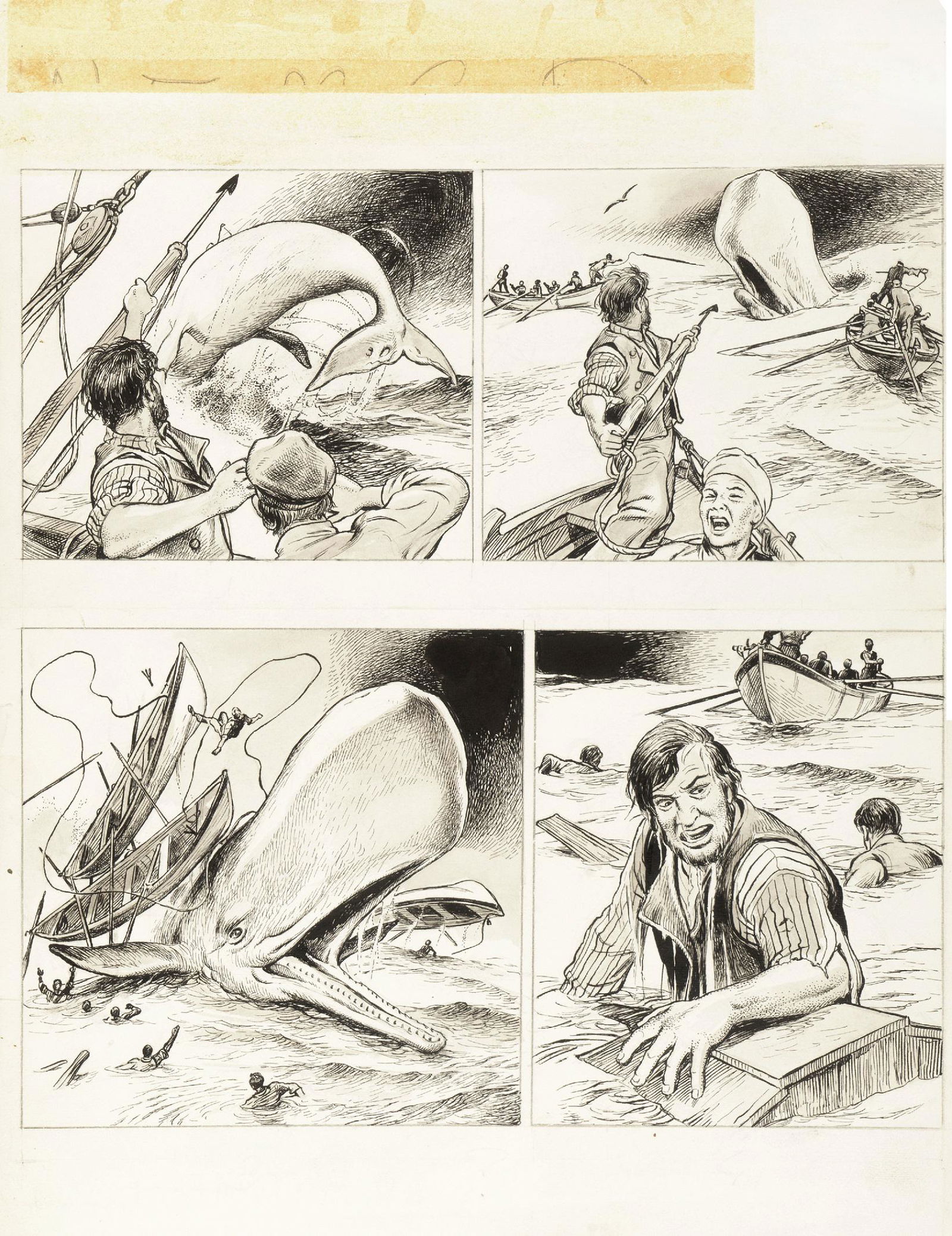 Caprioli Franco - "Moby Dick", 1966: Caprioli Franco - "Moby Dick", 1966 ITA matita, china e acquerello su cartoncino, 37,5 x 48 cm Tavola originale realizzata da Caprioli per "Moby Dick" pag. 9, pubblicata per la prima