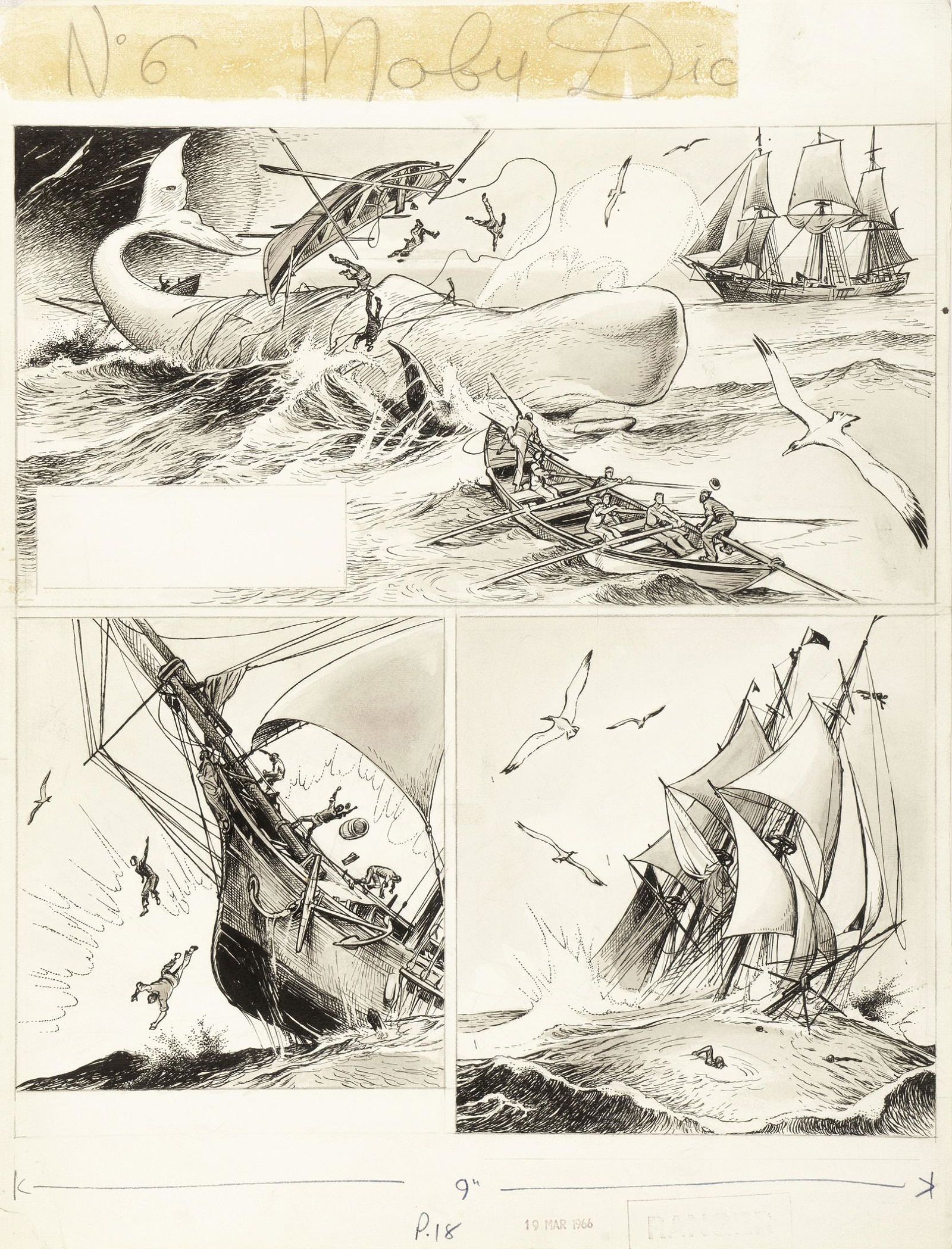 Caprioli Franco - "Moby Dick", 1966: Caprioli Franco - "Moby Dick", 1966 ITA matita, china e acquerello su cartoncino, 37,5 x 49 cm Tavola originale realizzata da Caprioli per "Moby Dick" pag. 11, pubblicata per la prima